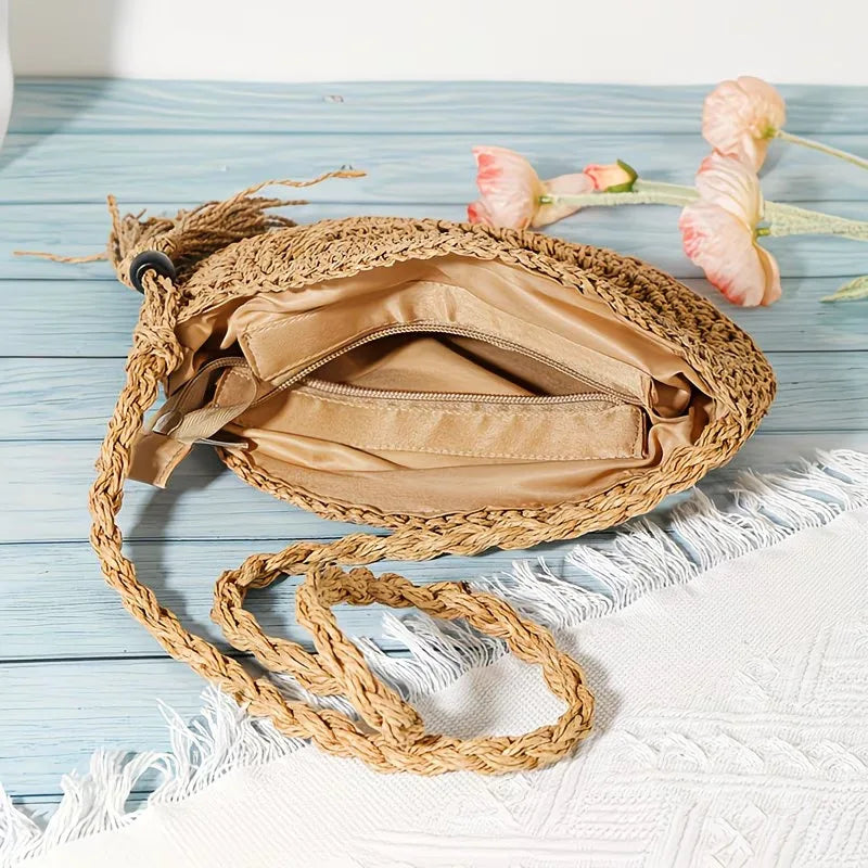 Fashion Hollow Out Shoulder Bags Casual Straw Crossbody Small Round Bag Purse Tassel Messenger Handbags Bolsa Feminina
